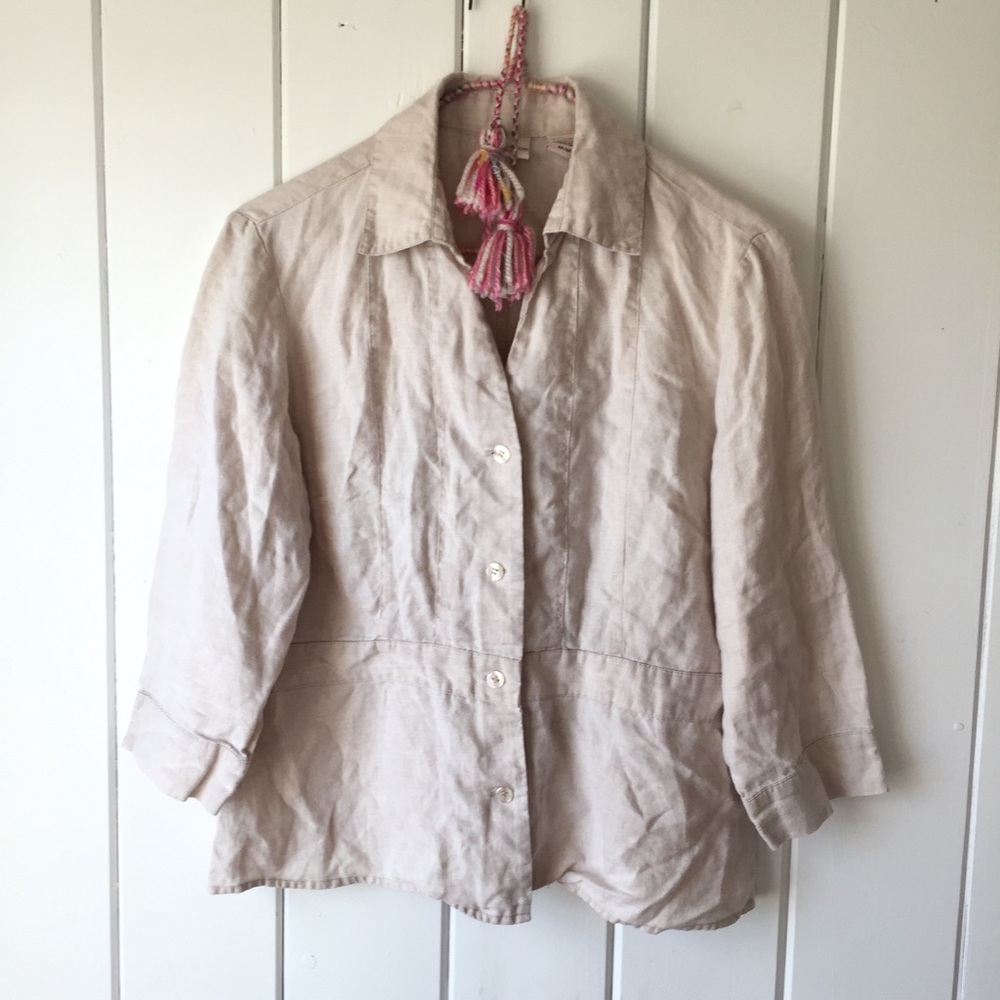 100% Linen Tan Button Down Blouse Top Collar Med